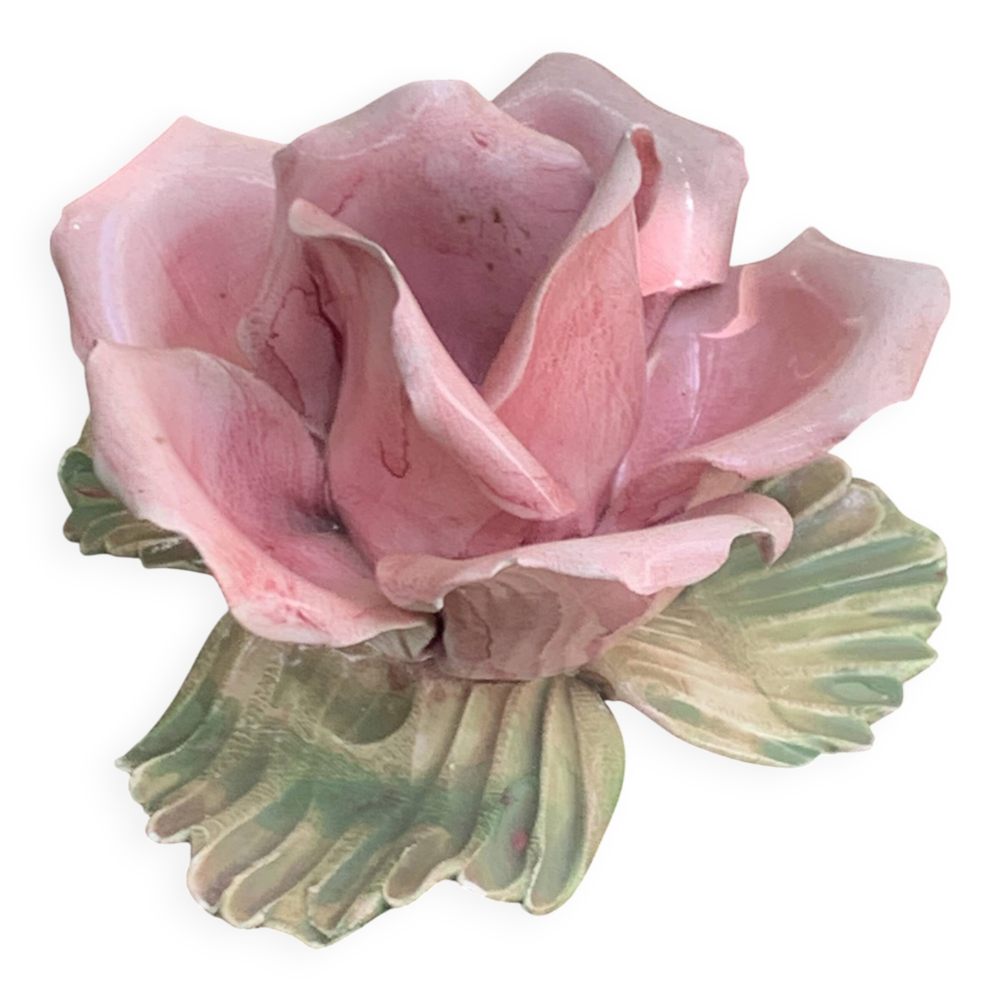 Pink candle holder in slip, old biscuit