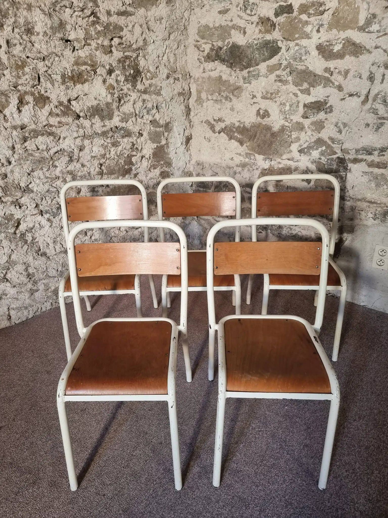 Vintage French school chairs – 1960s industrial cafe seats (set of 5)