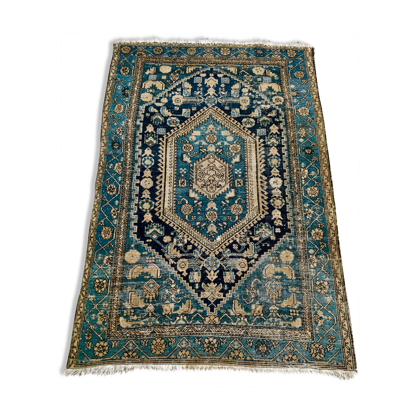 Persian carpet old green background, hand knotted, certified