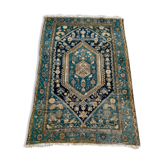 Tapis Persan ancien fond vert, noué main, certifié