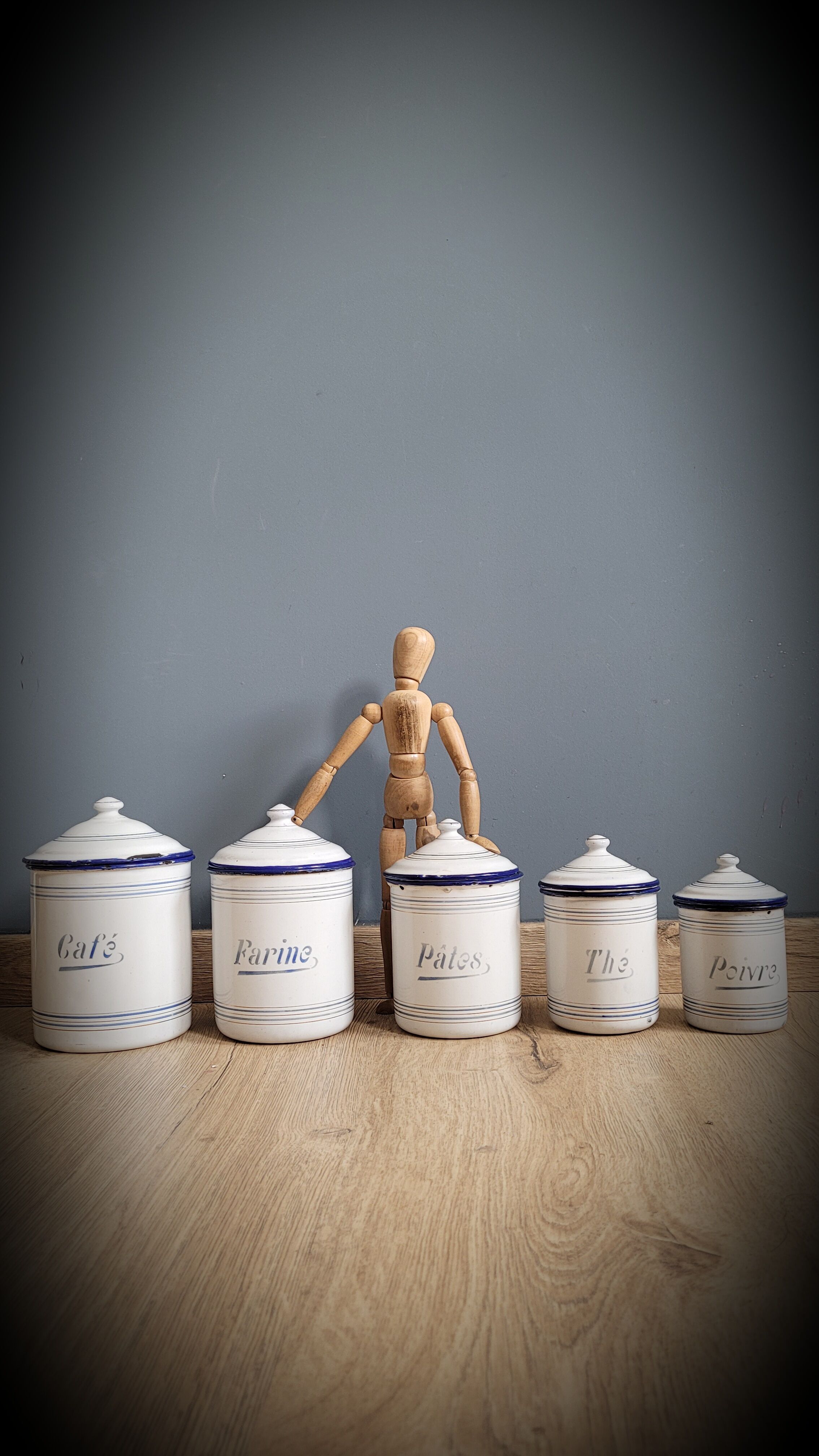 Set 5 pots kitchen white and blue
