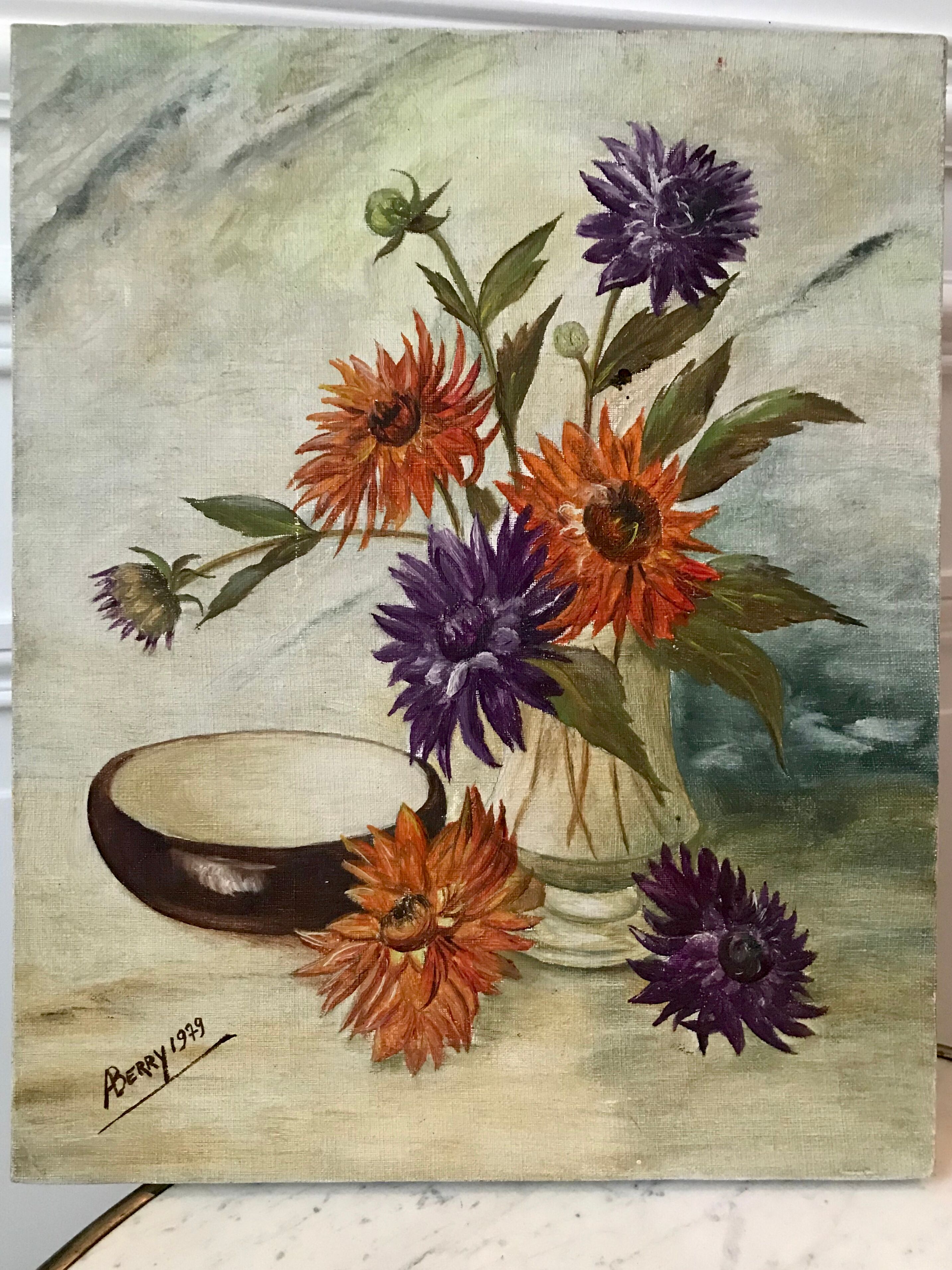 Oil painting on canvas still life bouquet buttercups and lilacs signed vintage