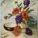 Oil painting on canvas still life bouquet buttercups and lilacs signed vintage