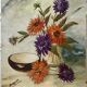 Tableau huile sur toile nature morte bouquet renoncules et lilas signé vintage
