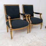 Pair of 19th century Louis XVI gilt armchairs newly re upholstered in holland and sherry fabric