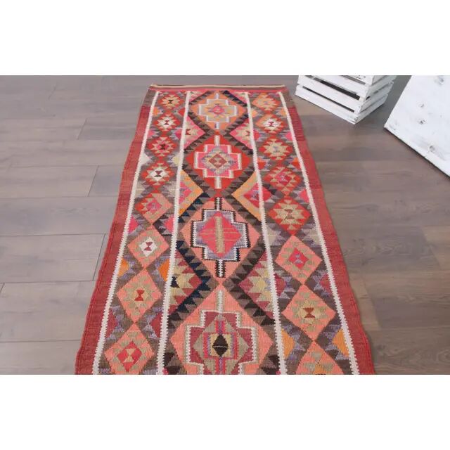 1970s Vintage Turkish Hand-Knotted Wool Cotton Red Runner Rug 83x314