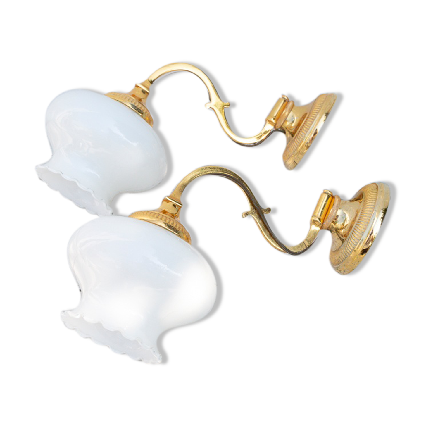 2 wall sconces golden metal gooseneck and opaline lampshade