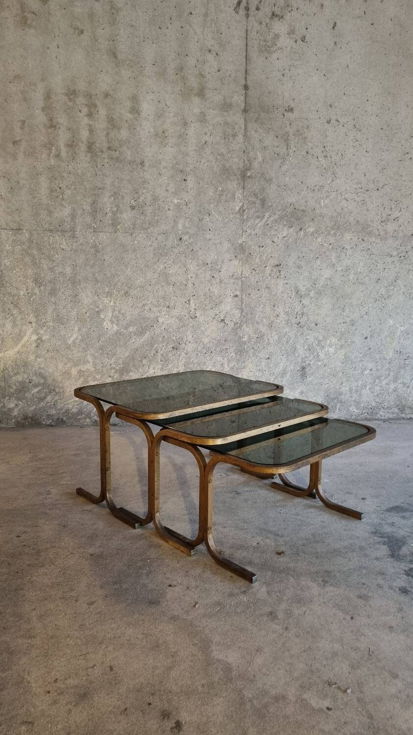 3 nesting tables in brass and glass