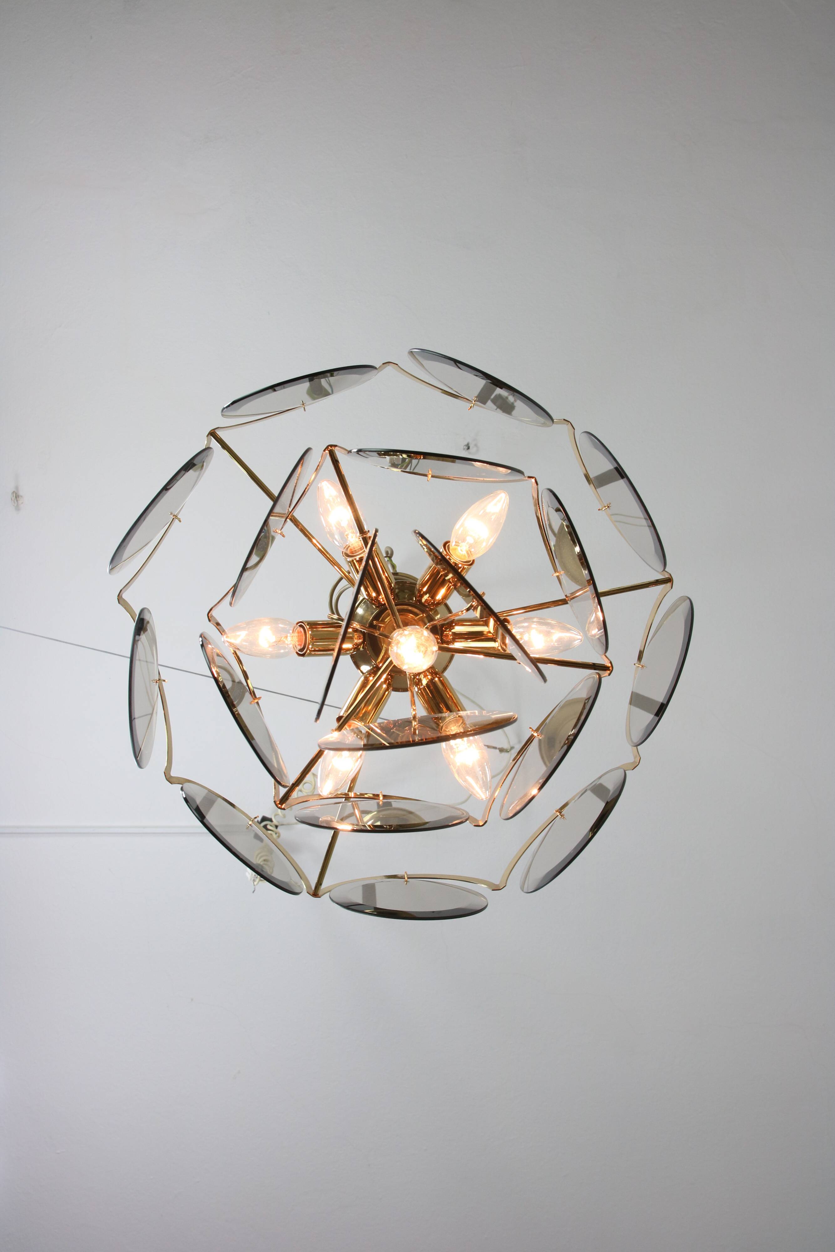 Vintage Vistosi Chandelier: Smoked Glass Discs, Gold Metal, 1970s Italian P