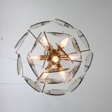 Vintage Vistosi Chandelier: Smoked Glass Discs, Gold Metal, 1970s Italian P