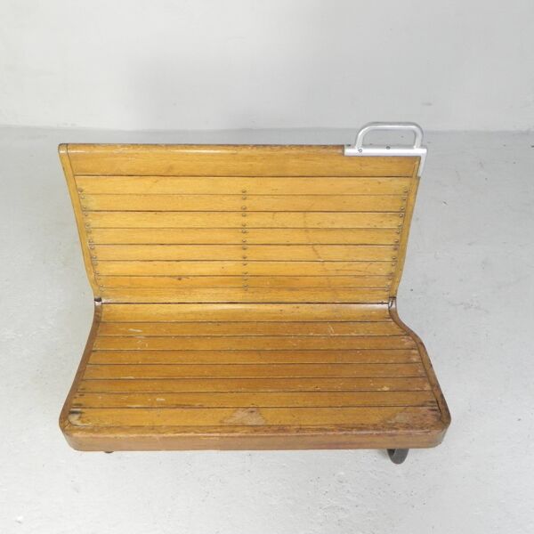 Banc de train en teck double face, années 1930