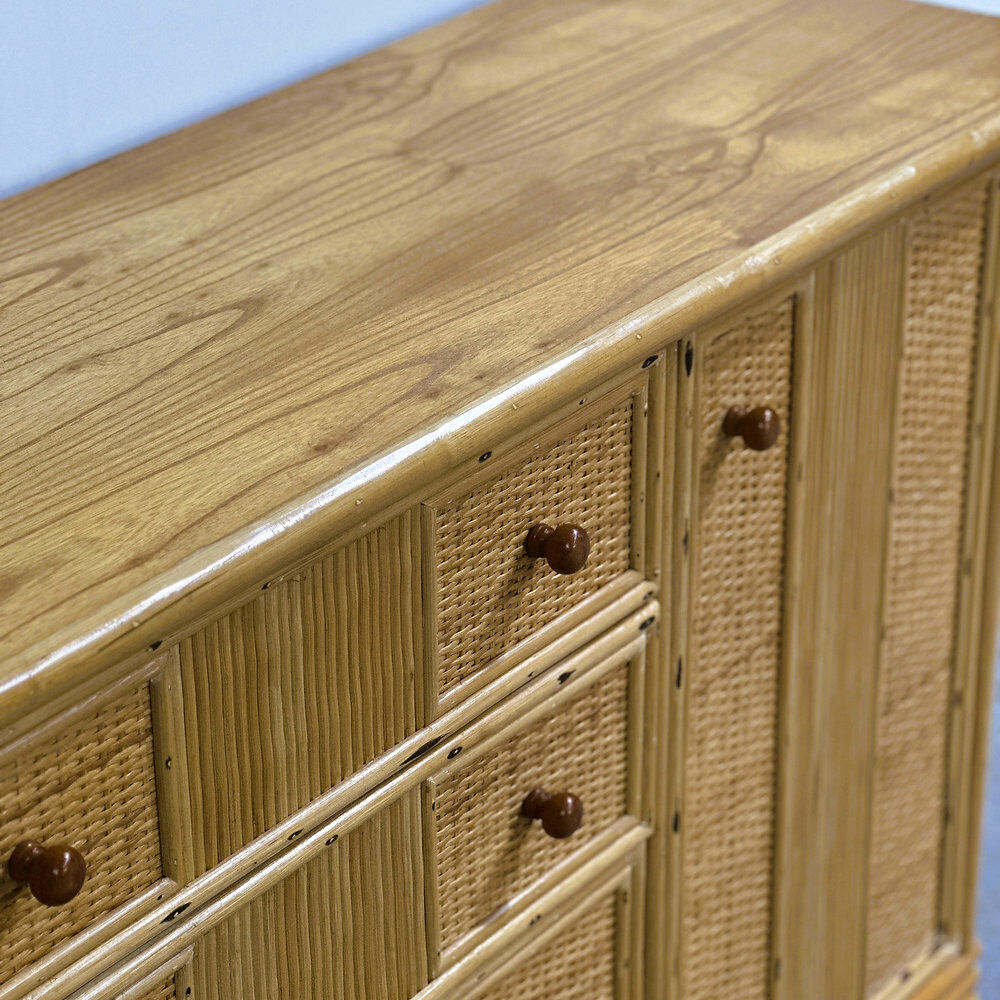 Large coastal rattan and bamboo sideboard credenza, 1980s