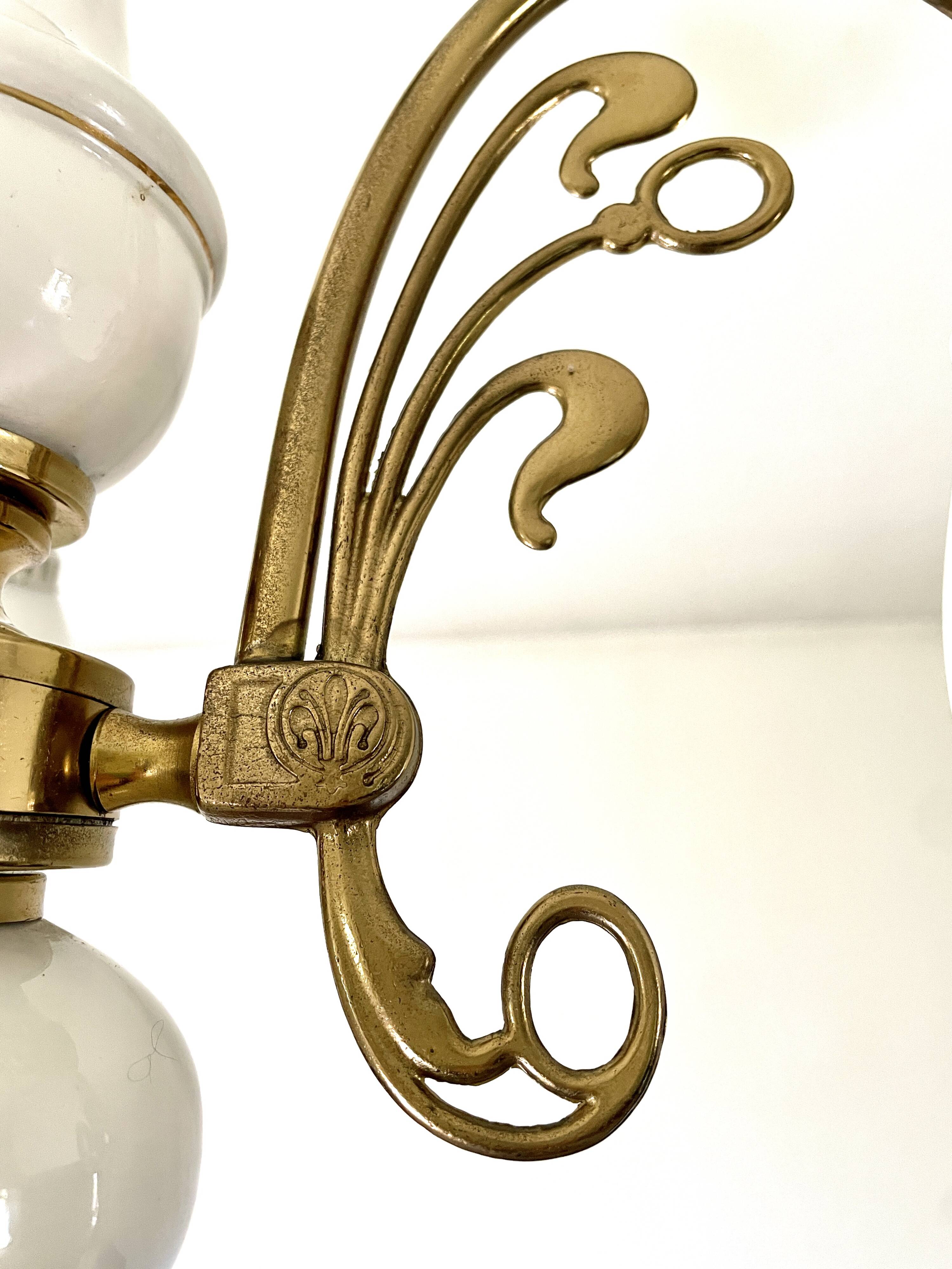 Three-light chandelier in gilded brass and porcelain, Art Nouveau style, 1970.