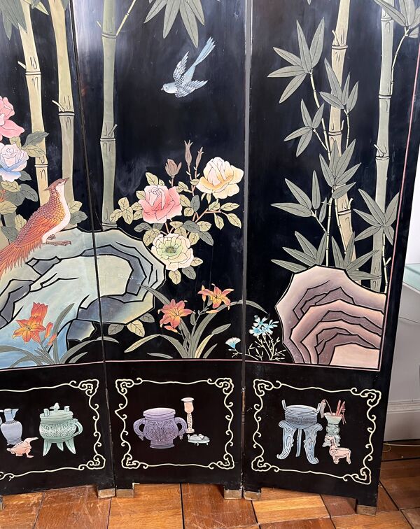 Paravent en laque de Chine à décors d’oiseaux et bambous, travail chinois, vers 1950