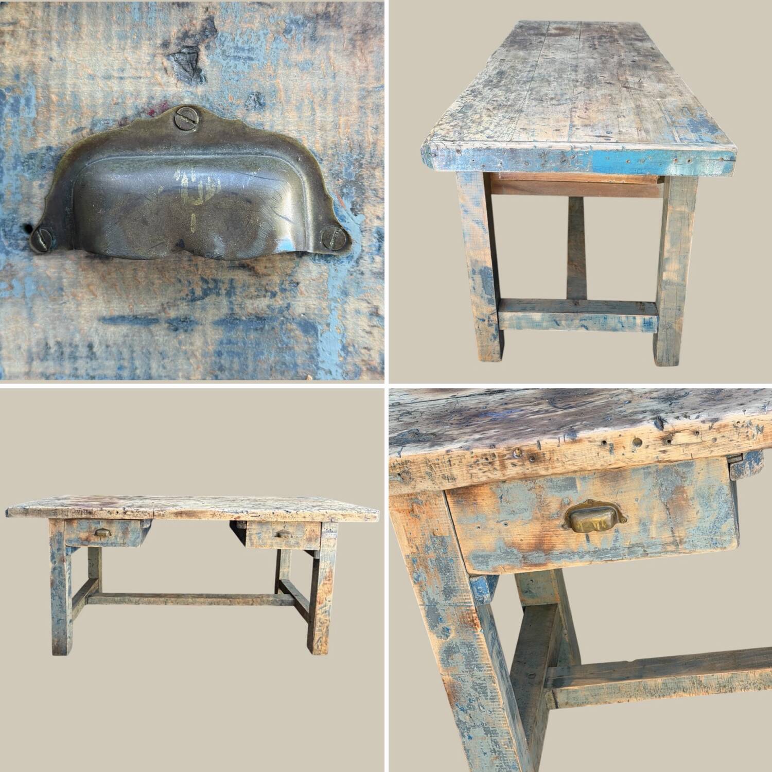 Blue patina beech drawer console established in 1940.