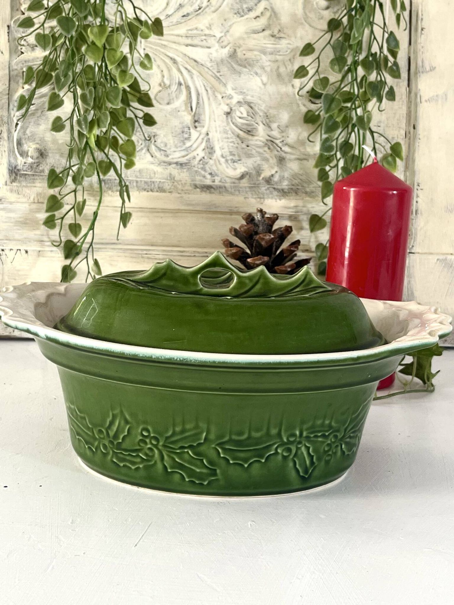 Christmas Terrine with Holly Lid, Green Ceramic Serving Dish, Vintage