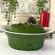 Christmas Terrine with Holly Lid, Green Ceramic Serving Dish, Vintage