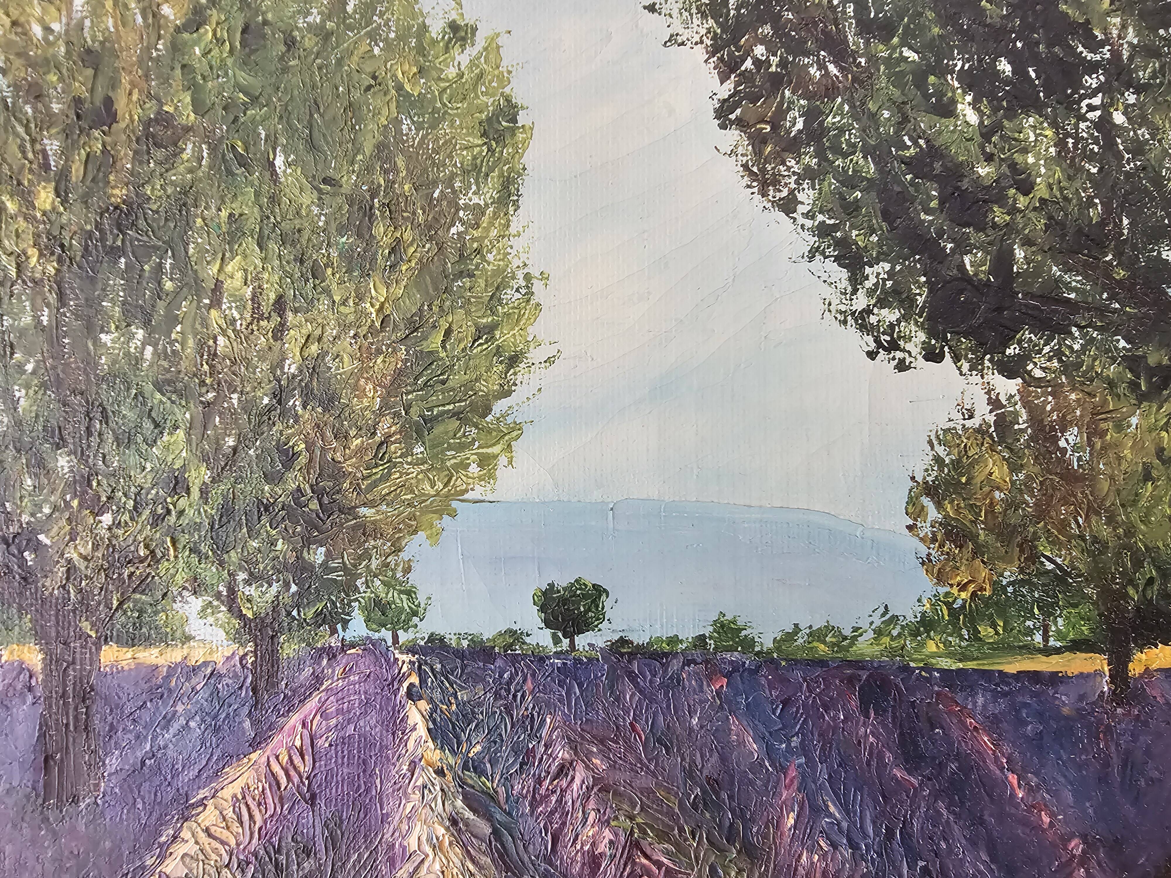 Oil on Canvas Landscape Almond Trees and Lavenders signed Jean Claude Fer