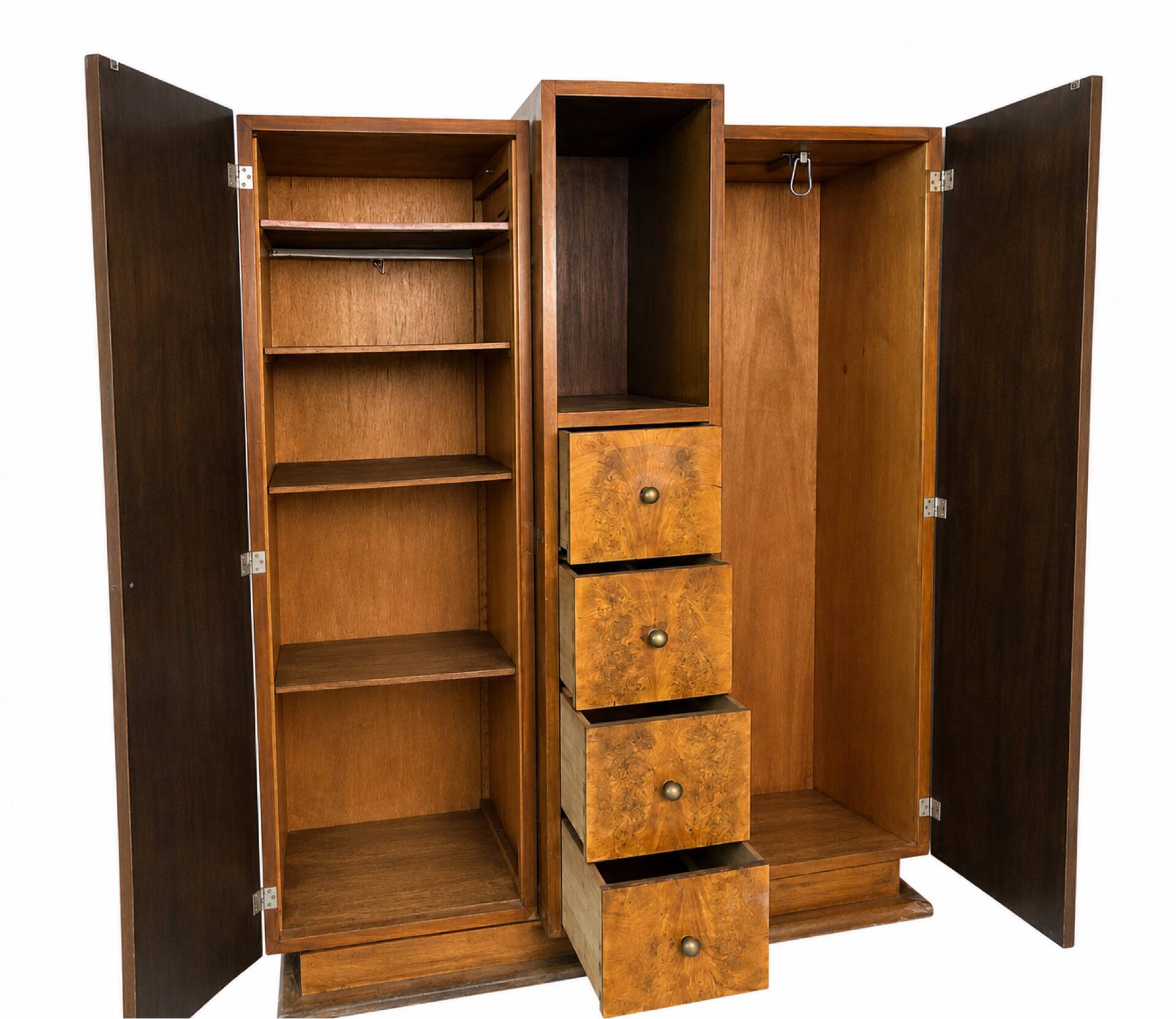 Armoire Art Déco, placage de ronce de bois, niche centrale & 4 tiroirs