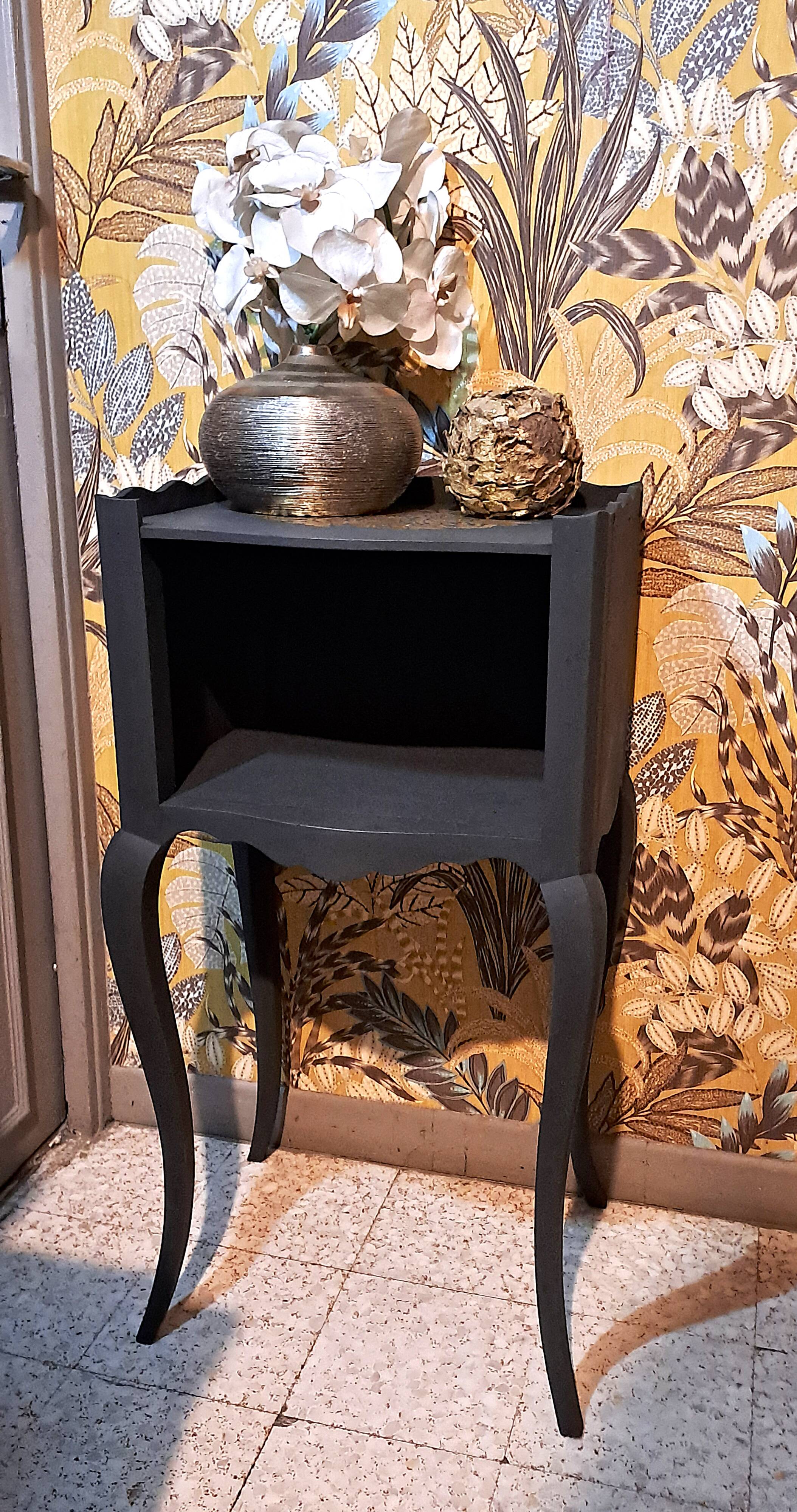 1930 bedside table, repainted wood in black with a golden rose motif.
