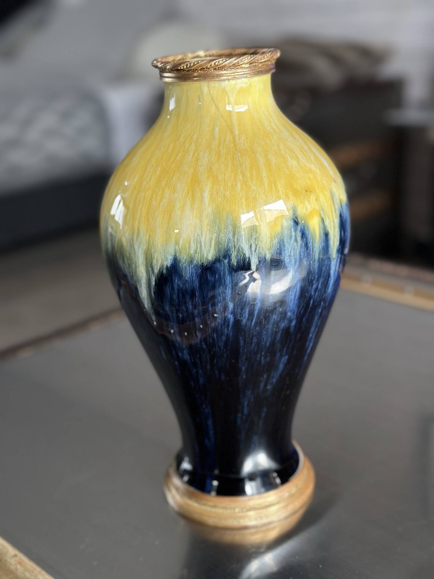 Art Deco vase in yellow and blue flamed earthenware - Shape 485, circa 1930