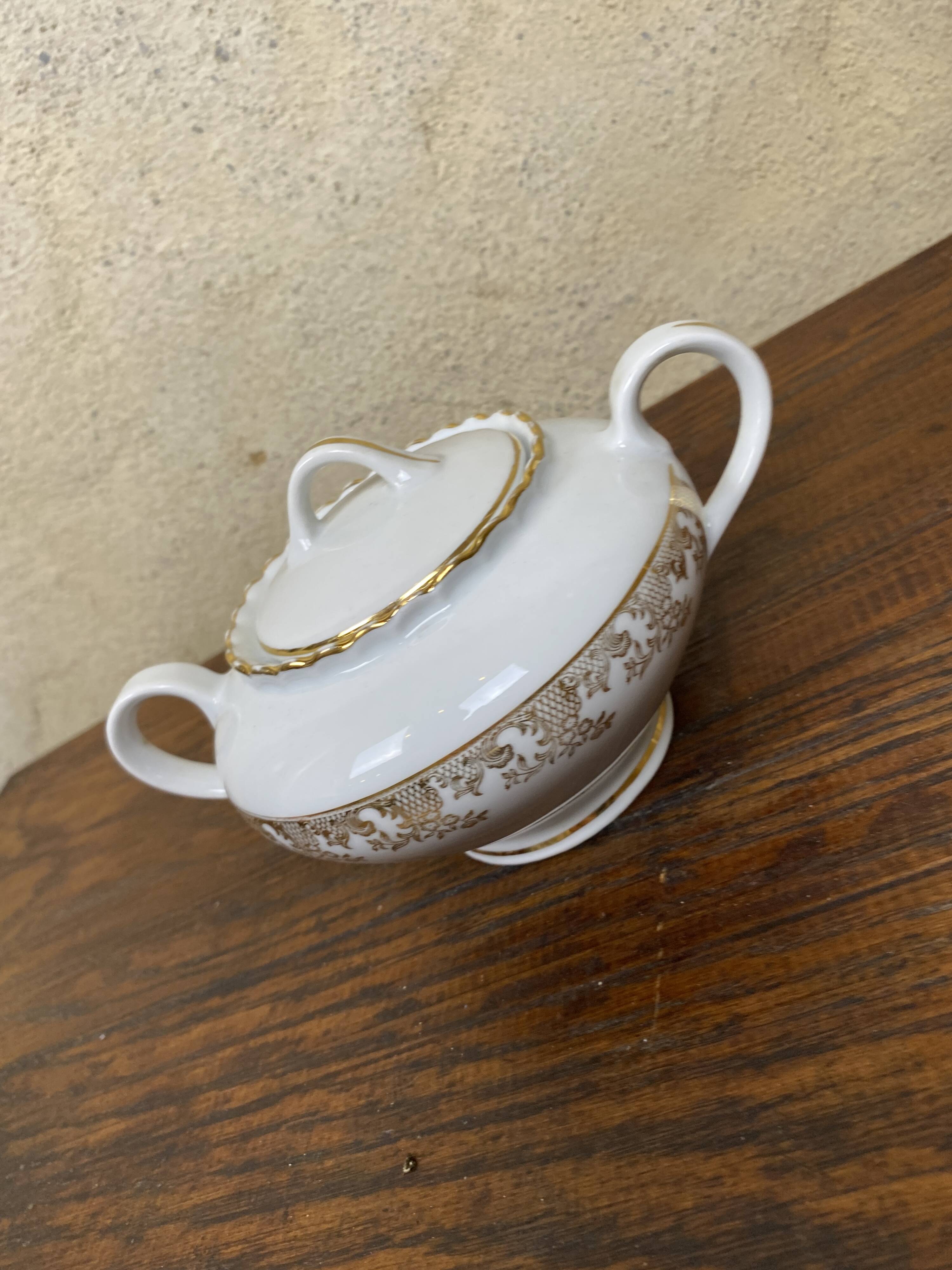 ADP France white and gold porcelain sugar bowl