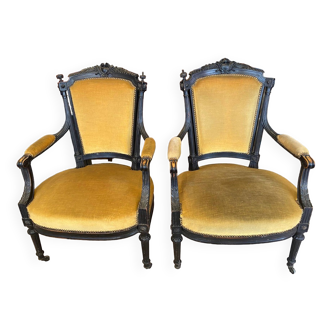 Pair of louis xvi style bergeres armchairs late 19th century ocher velvet fabric