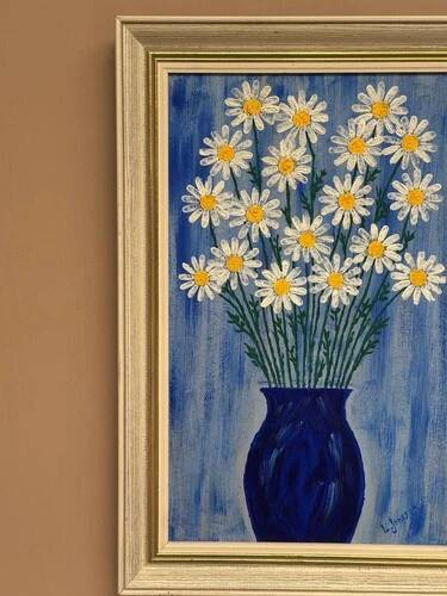 Swedish Oil on Canvas “Blue vase with flowers” by L jonsson Vintage 45x31cm