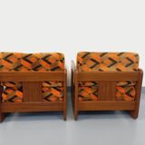 Pair of vintage walnut and velvet fabric sleigh armchairs from the 70s