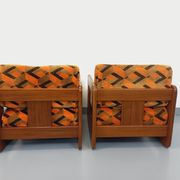 Pair of vintage walnut and velvet fabric sleigh armchairs from the 70s