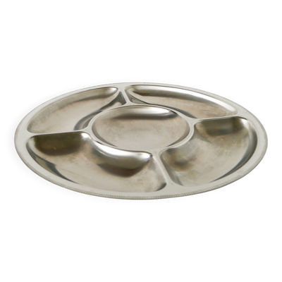 Grand plat à compartiments rond en acier chromé, Couzon, Design, 1970 - 35
