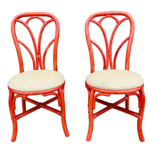 Paire de chaises rotin - tissu rouge