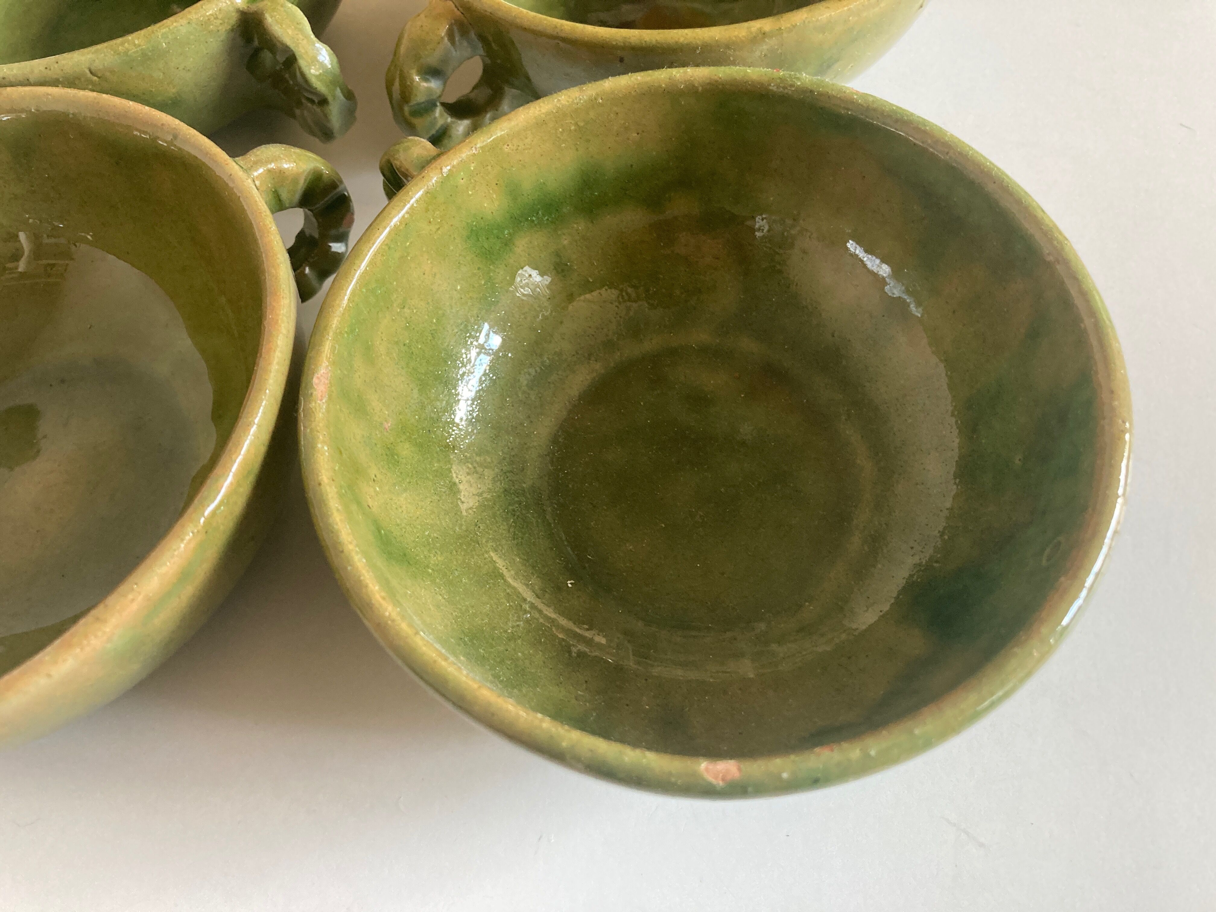 Set of 4 cups with starters or dessert in glazed earth of Biot green 1960