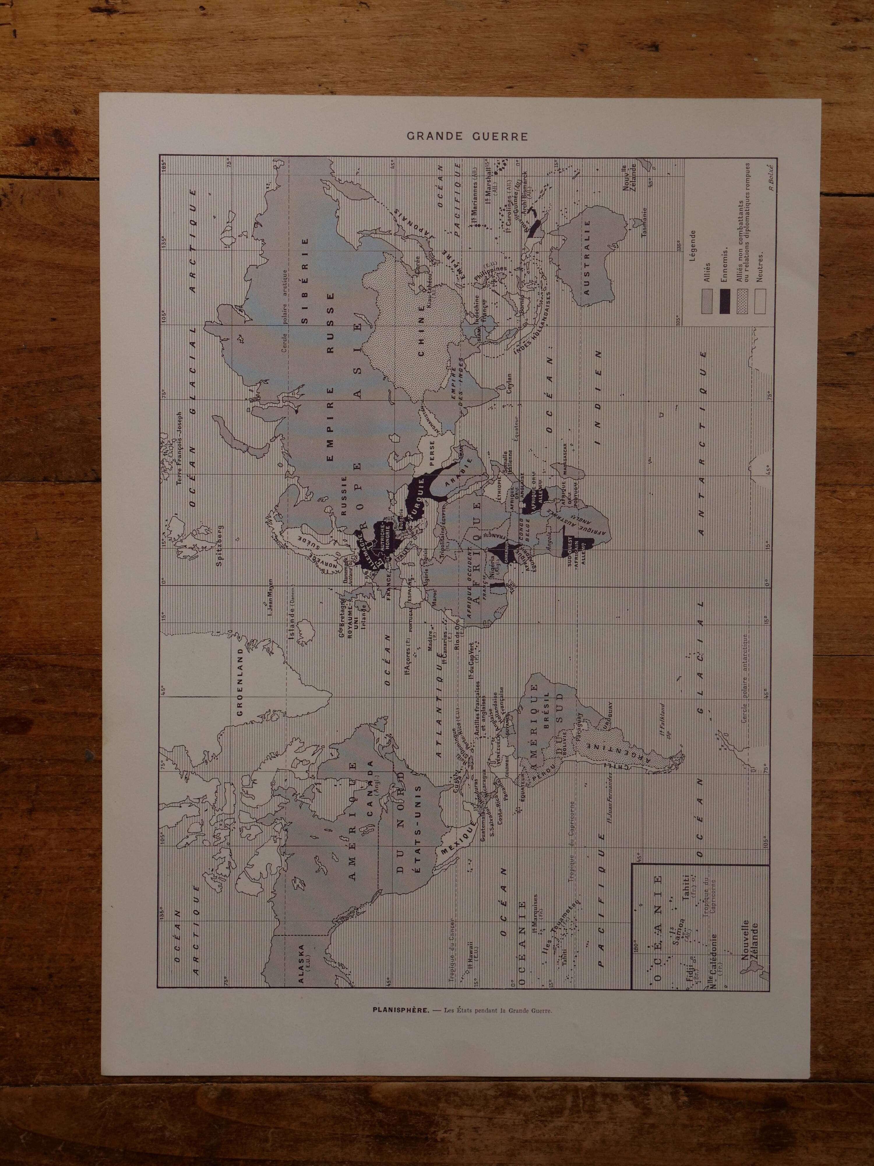 Original lithograph on the first world war (troops + map)