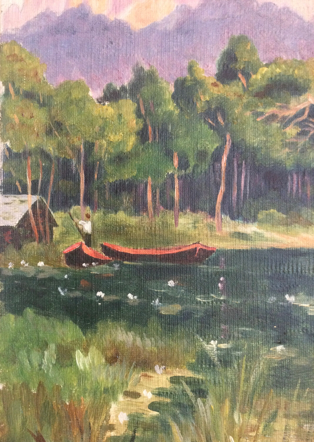 The fisherman in a boat. Oil on canvas by Charles QUEILLÉ.