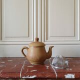 Vintage stoneware teapot and cup, "selfish" tea service, signed