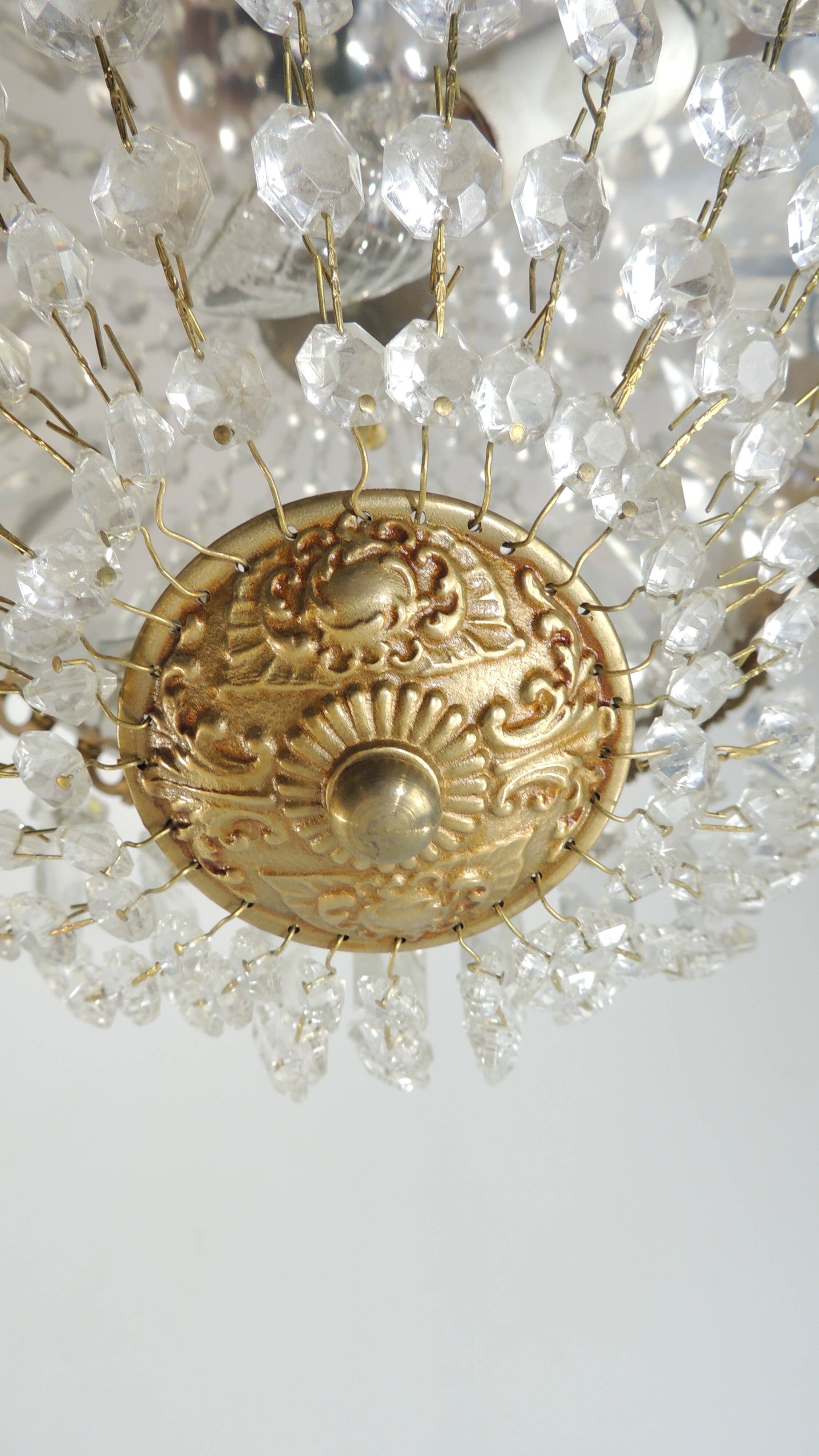 Antique crystal ceiling chandelier, Empire style, patinated gilt metal – pendant light