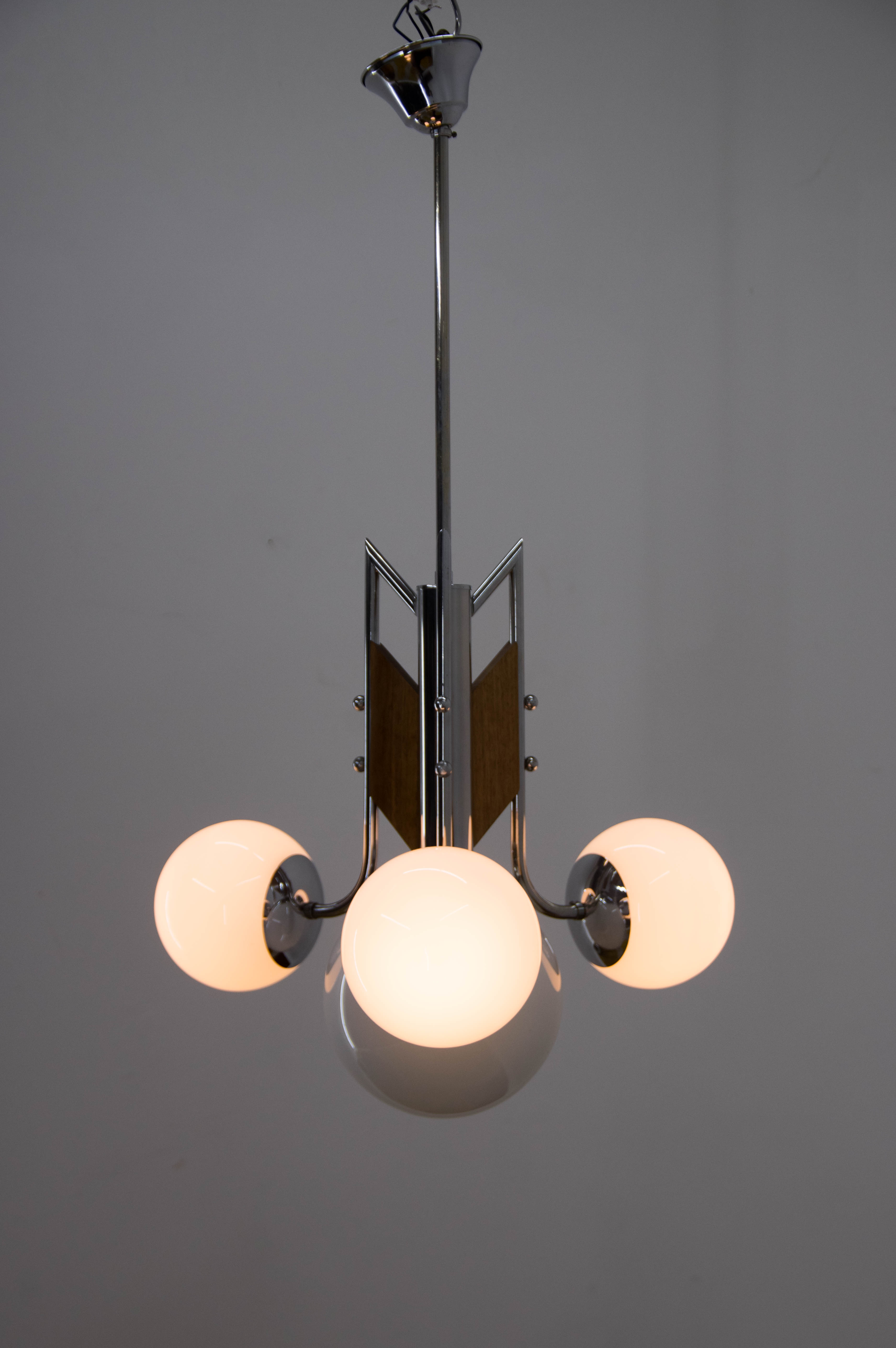 Wood and chrome functionalist chandelier, 1940s
