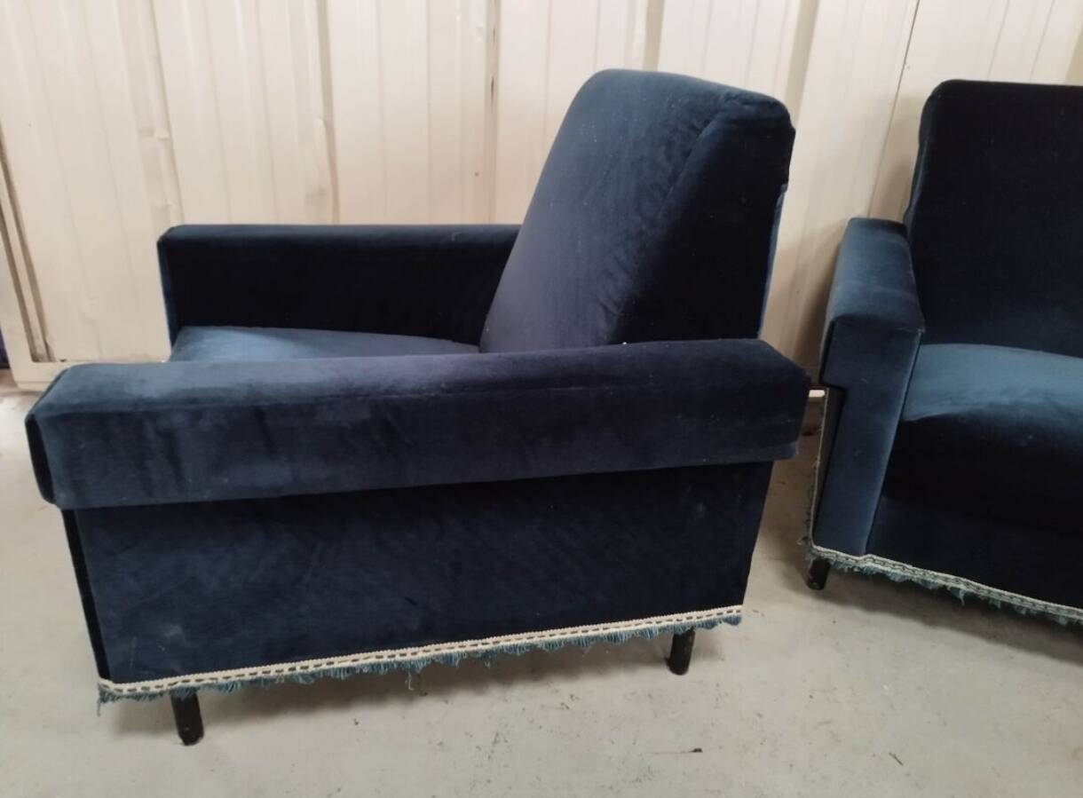 Pair of navy blue velvet club armchairs