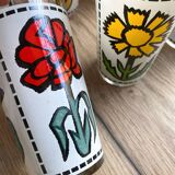 Set of 7 vintage enameled and screen-printed glasses 60/70