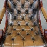 Green Vintage Leather English Chesterfield Armchair Combined with Wood