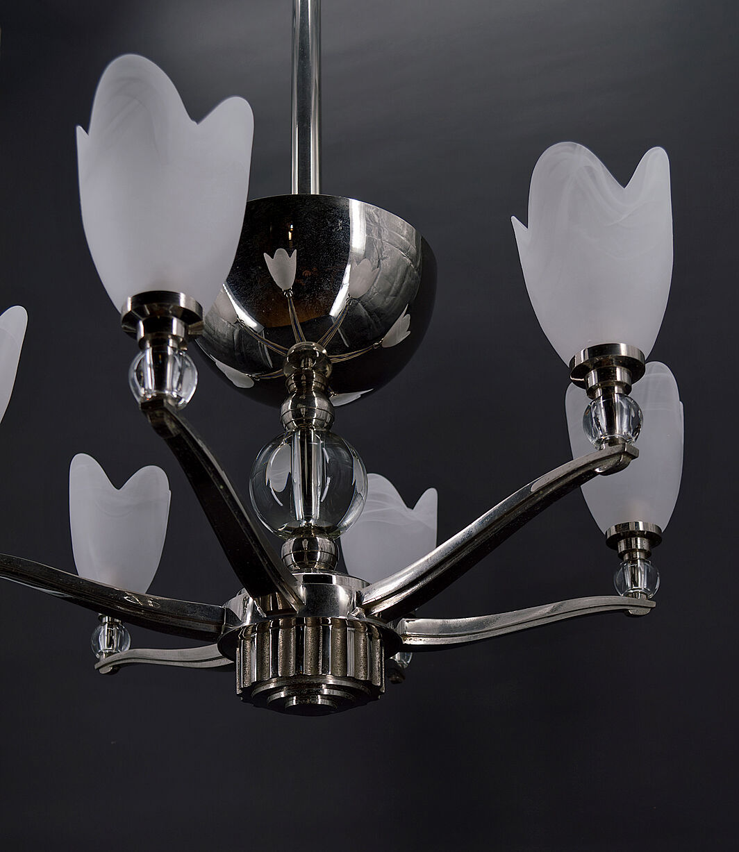 6-spoke Art Deco Modernist chrome chandelier, France, circa 1930