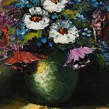 Tableau belge signé représentant une nature morte avec un bouquet de fleurs, vers 1950