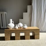 Solid monoxyl wood bench with carved 3-arch base - Natural wood color