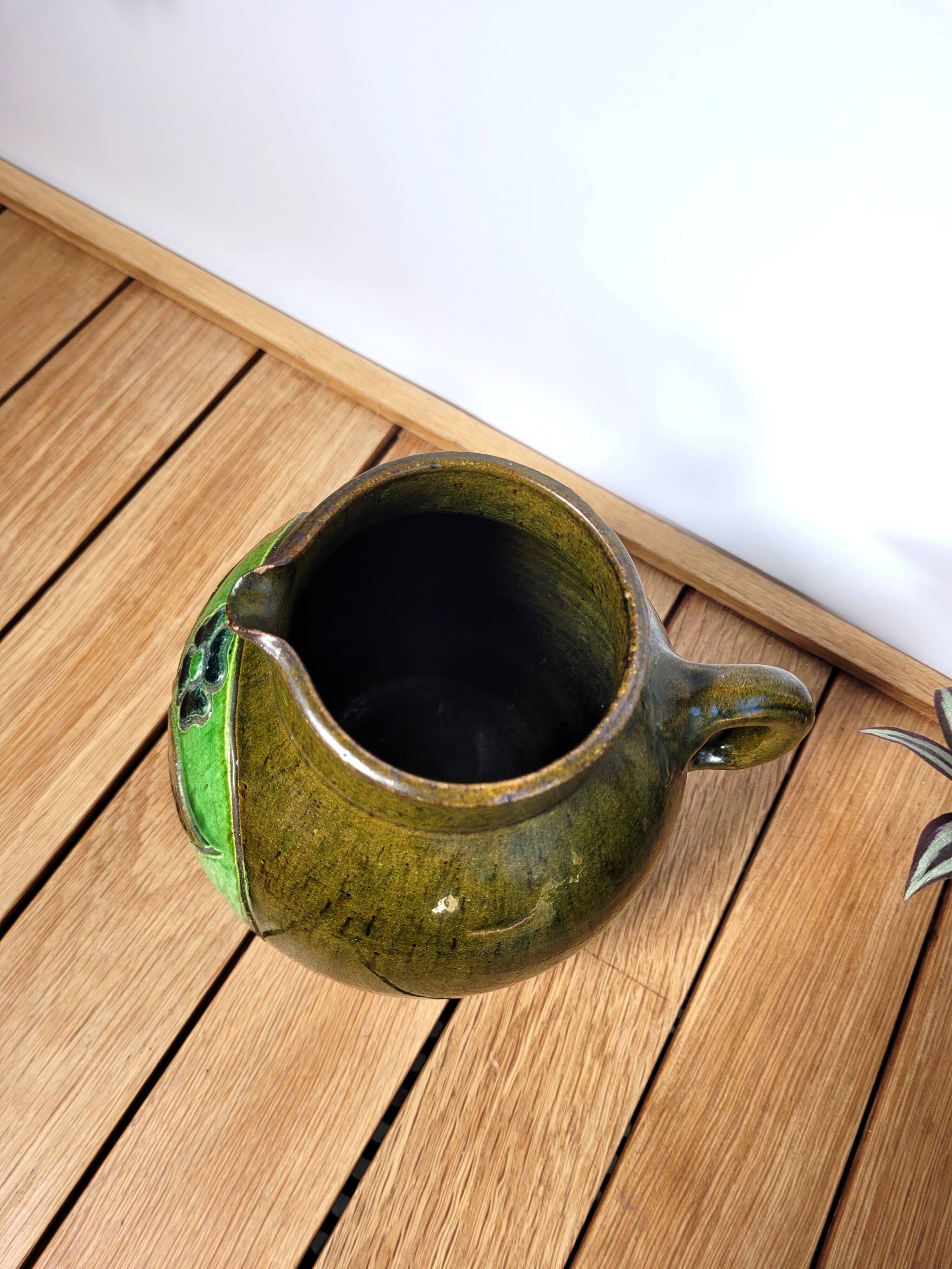 Vintage artisanal flowery ceramic pitcher vase