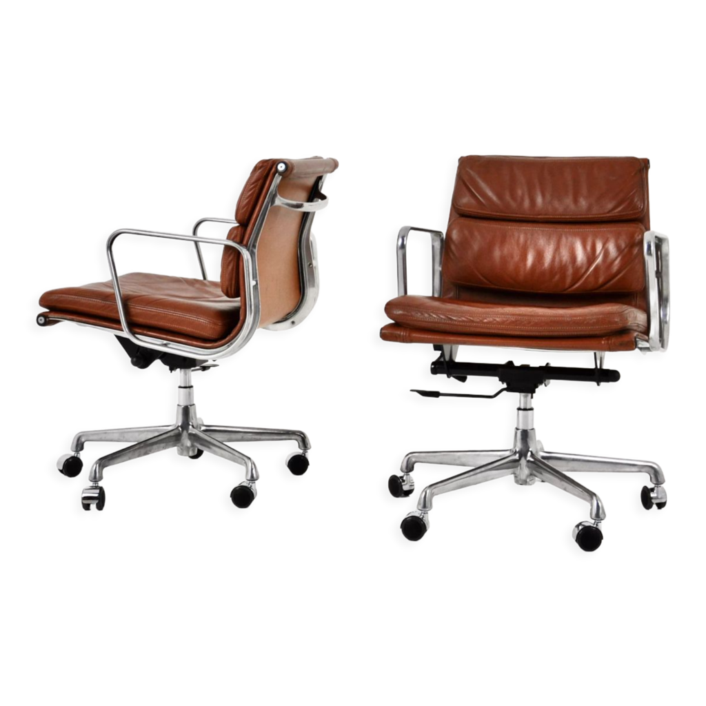EA 217 Soft Pad Chairs in Cognac Leather by Charles Ray Eames for ICF 1970s set of 2 Selency