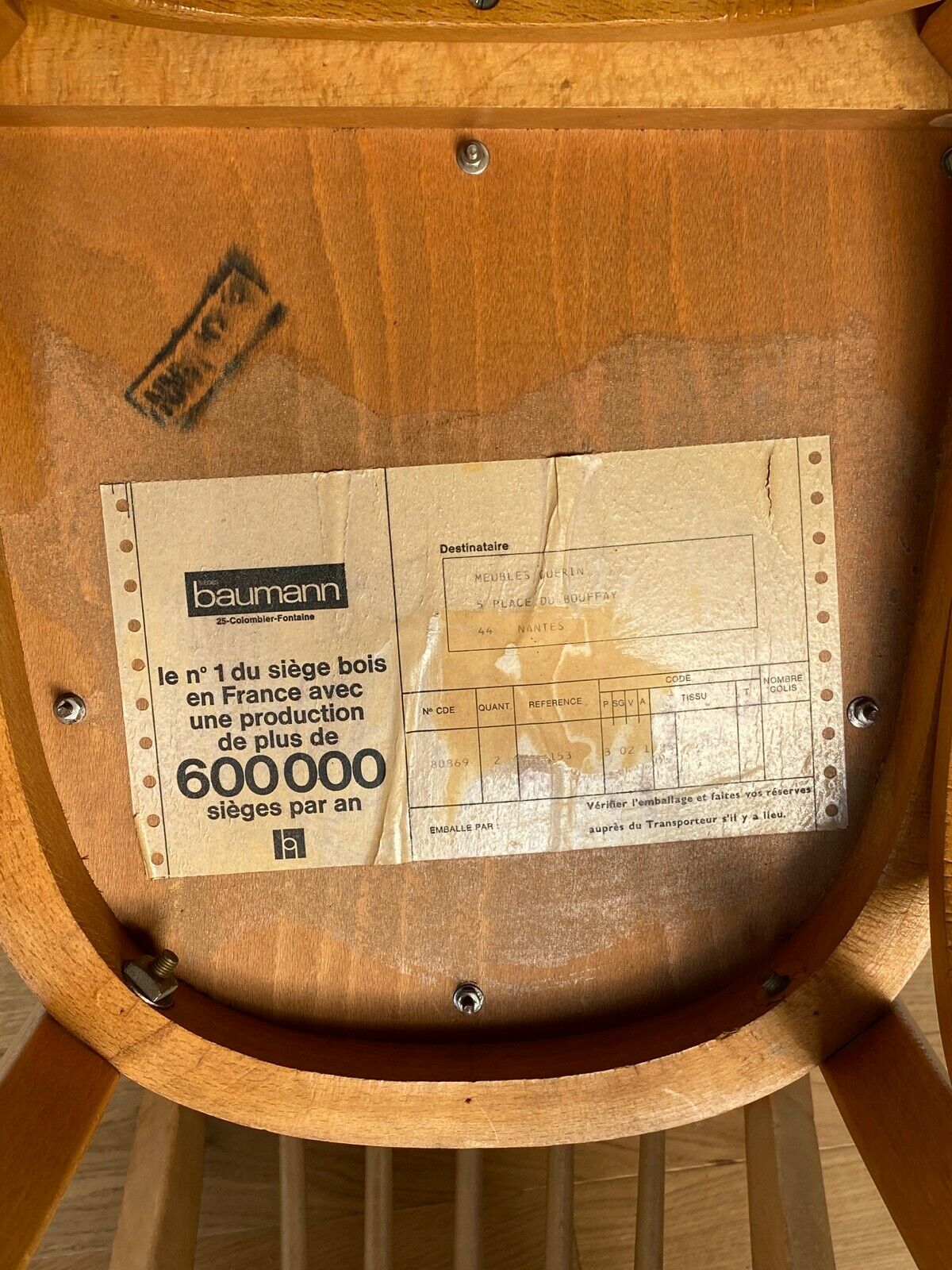 Four chairs Baumann 1960 with bars seated skaï brown label