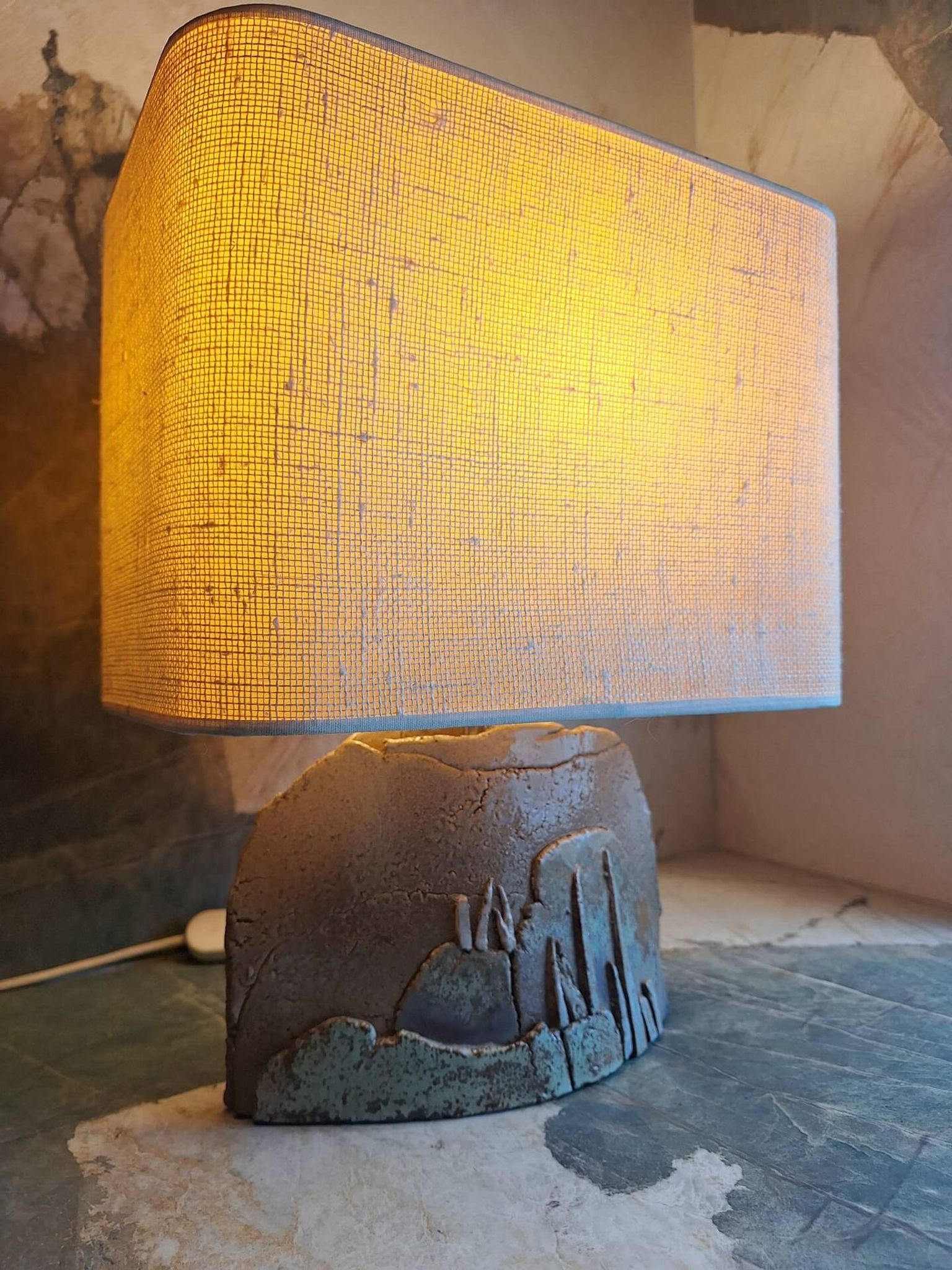 Vintage ceramic lamp signed, antique light fixture.