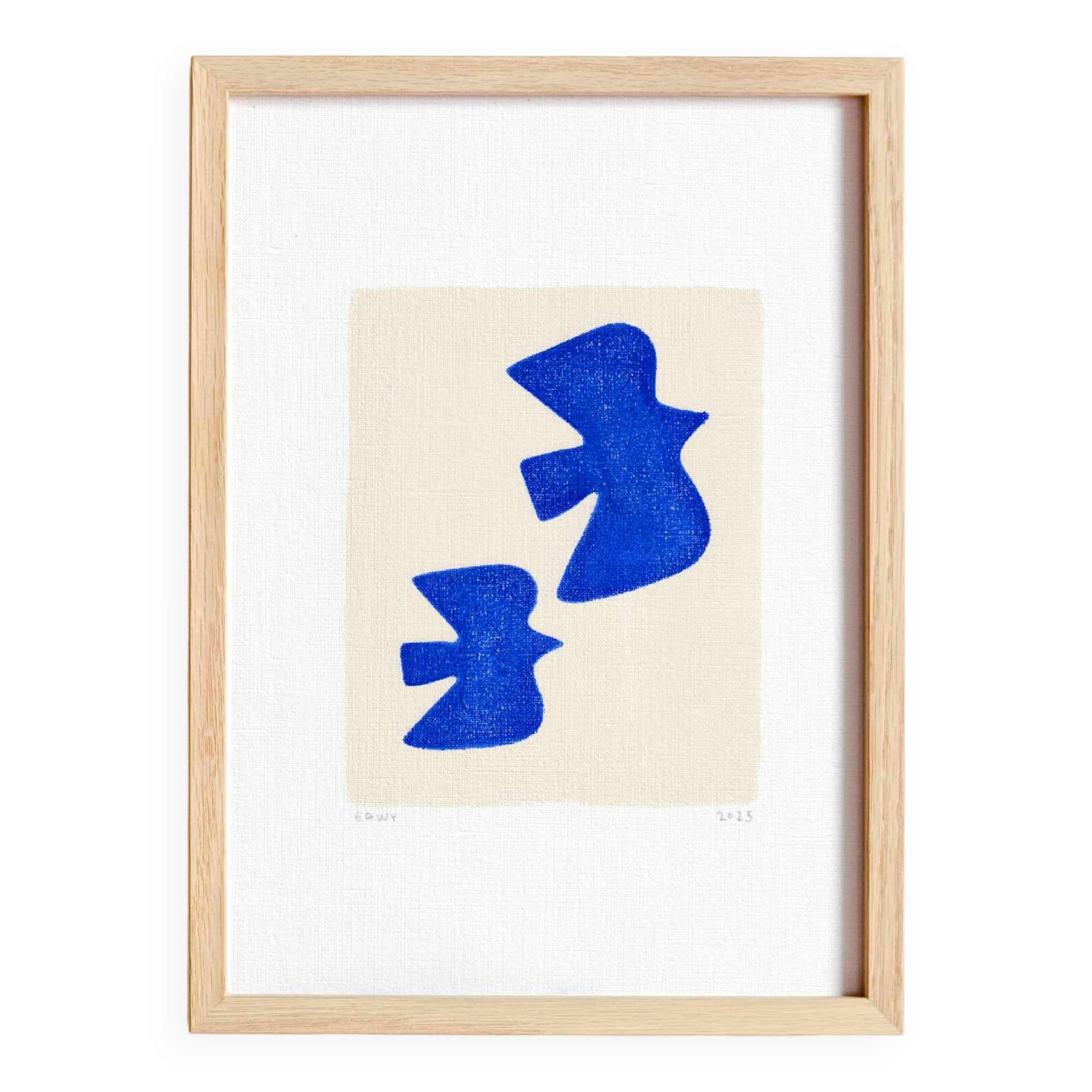 Peinture sur papier oiseaux bleus signée eawy