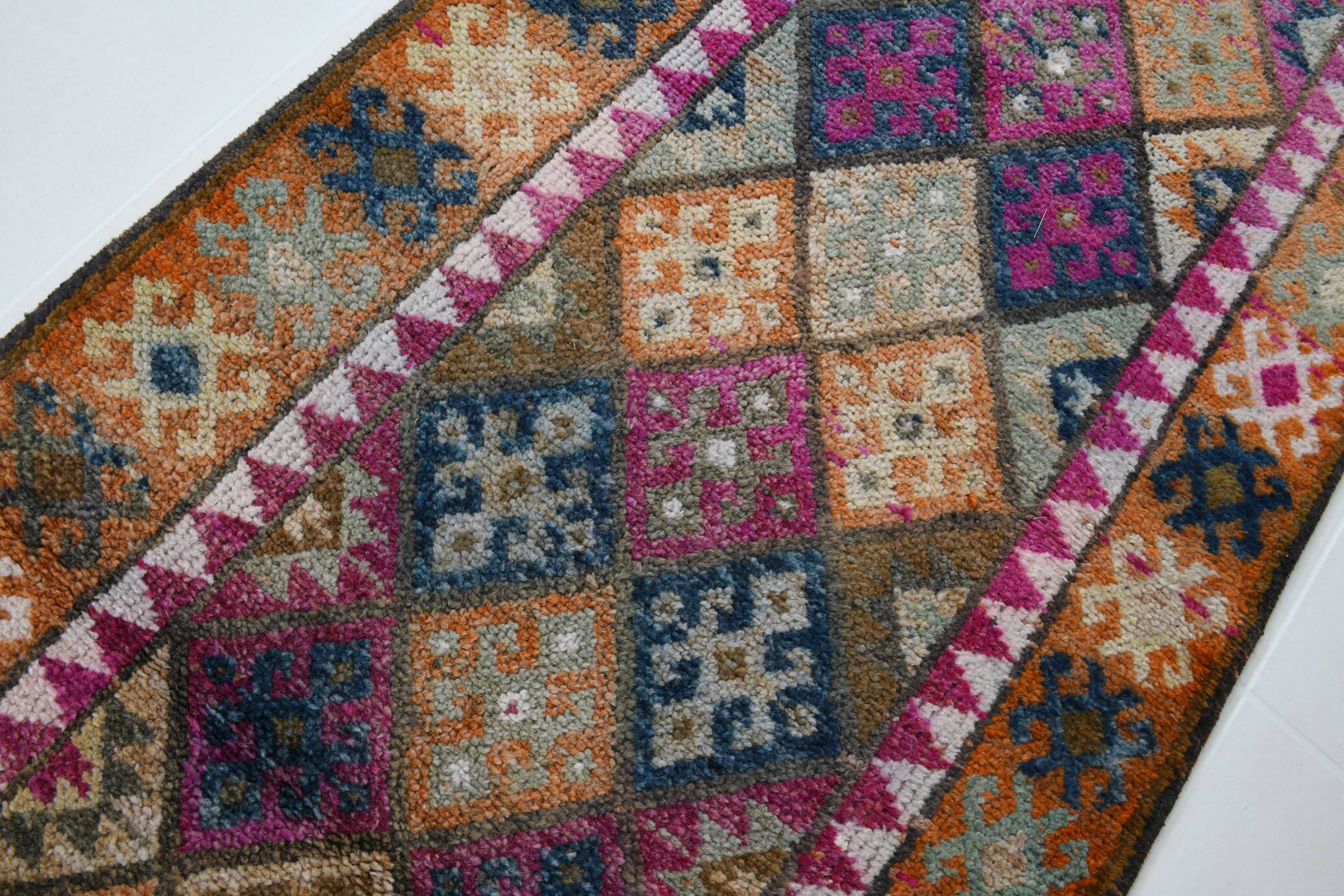 Blue Pink Geometric Oushak Runner Rug, 80x302Cm